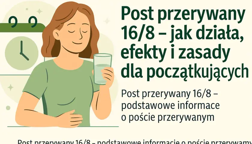 Kobieta z uśmiechem pije wodę, obok kalendarz i zegar. Post przerywany 16/8 – zasady dla początkujących.