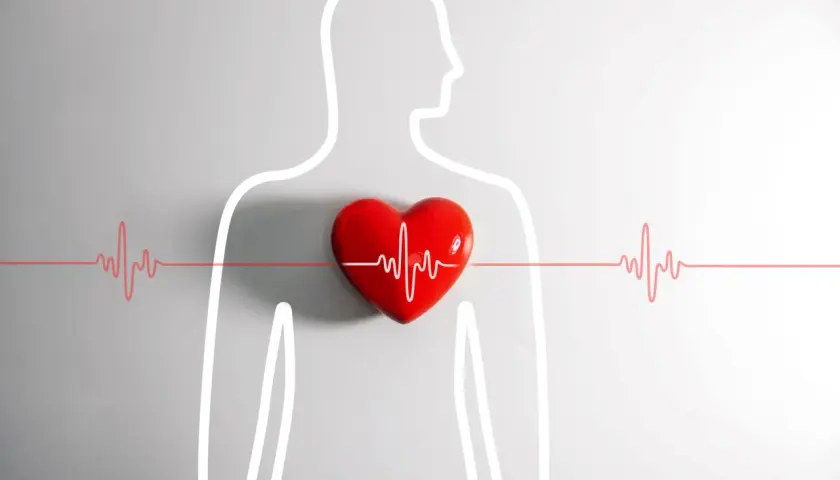 Czerwone serce z linią EKG na tle sylwetki człowieka. Jak uspokoić serce? Znajdź swój rytm.