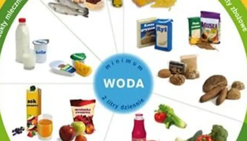 Talerz zdrowego żywienia: mleko, ryby, pieczywo, owoce, warzywa i minimum 2 litry wody dziennie.