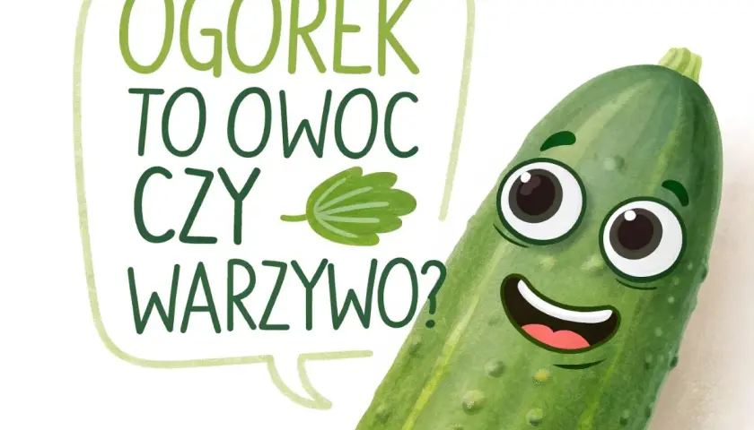 Uśmiechnięty ogórek zastanawia się: "Czy ogórek to owoc czy warzywo?".