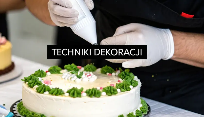 Ręce w rękawiczkach tworzą proste dekoracje tortu, dodając zielone rozetki i różowe kuleczki.