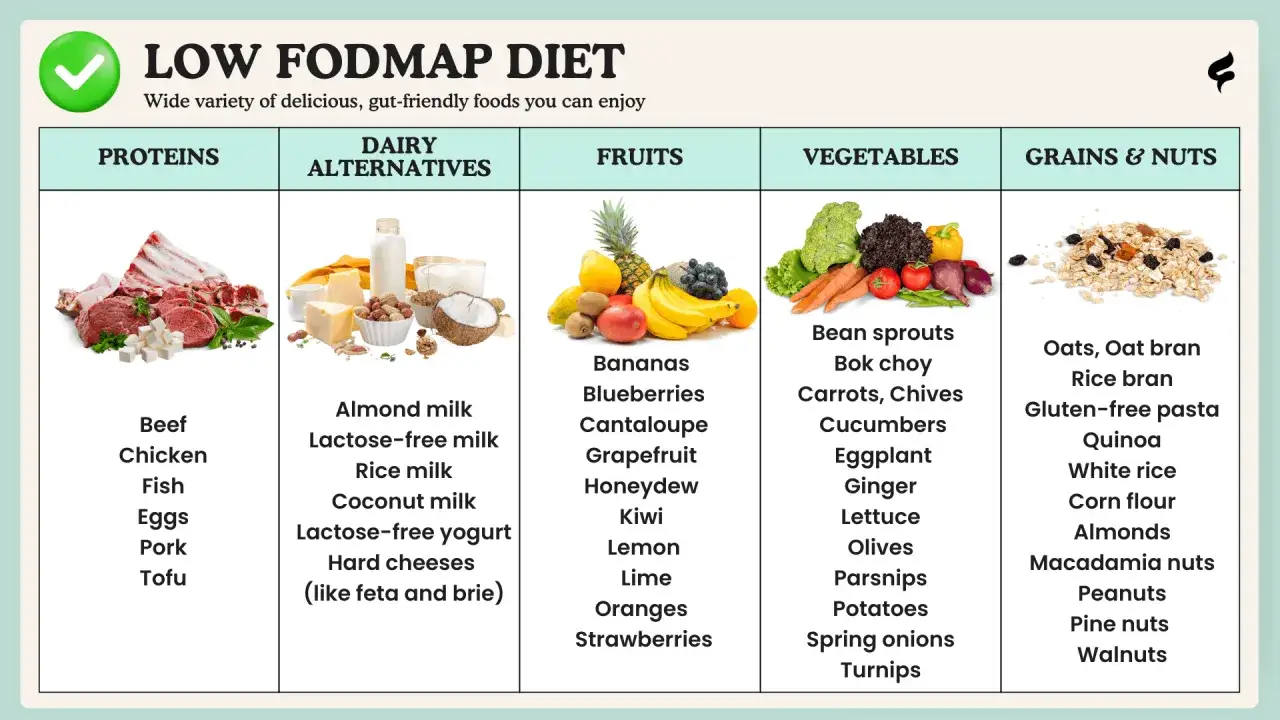 Tabela z produktami do diety low fodmap: białka, zamienniki nabiału, owoce, warzywa, zboża i orzechy. Dowiedz się, co to low fodmap.